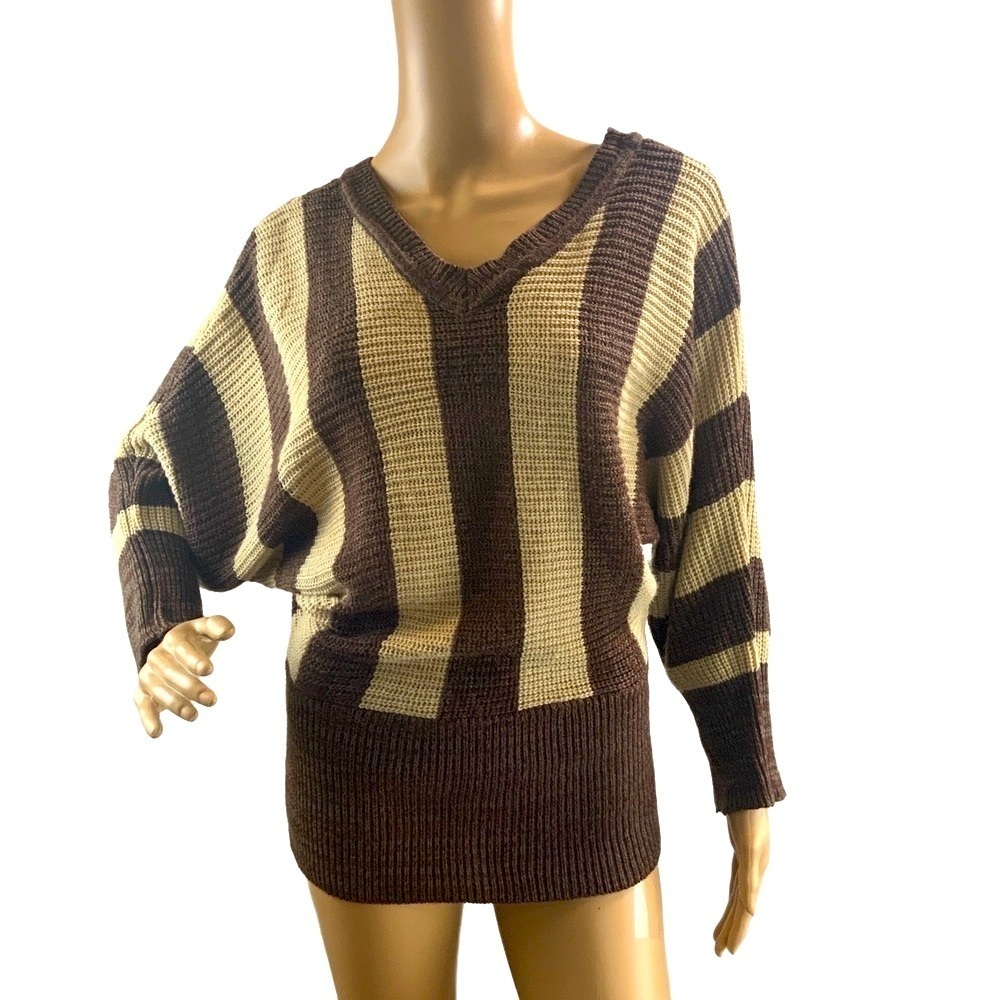 Chesley Brown & Beige Striped V-Neck Knit Long Sleeve Sweater M Western Corpcore